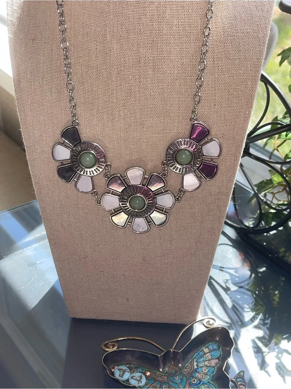 Floral Statement Necklace with Mint Accents Silver Flower Necklace with Green St